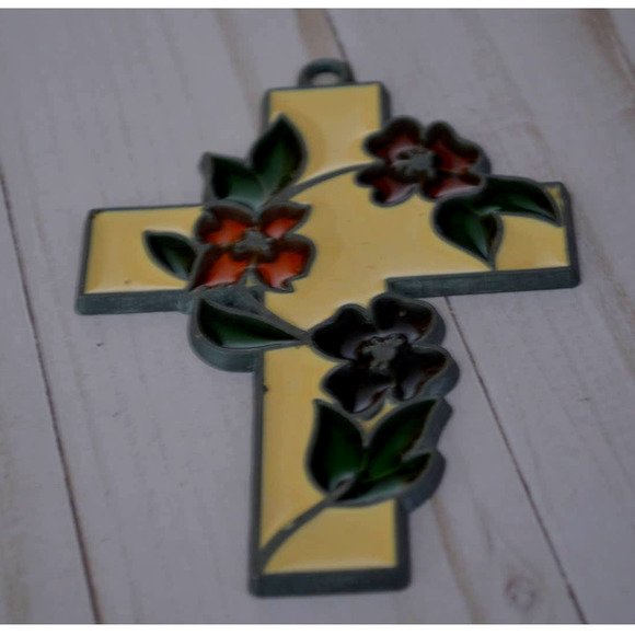 Floral Stained Glass Red Green Yellow Enamel Metal Christian Cross 4.5" - Picture 4 of 4